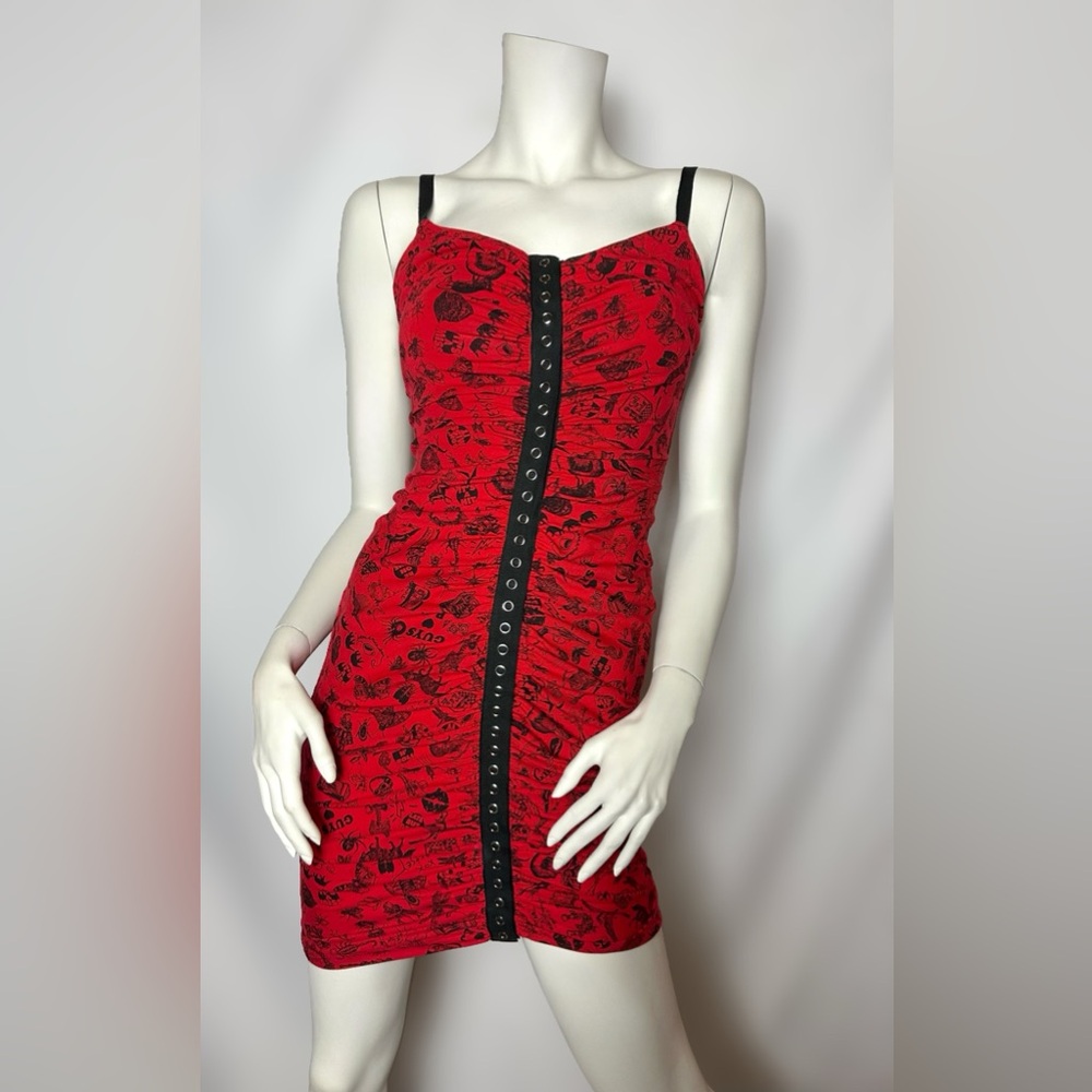 Betsey Johnson Vintage Y2K Print Red and Black Dress With Button Front